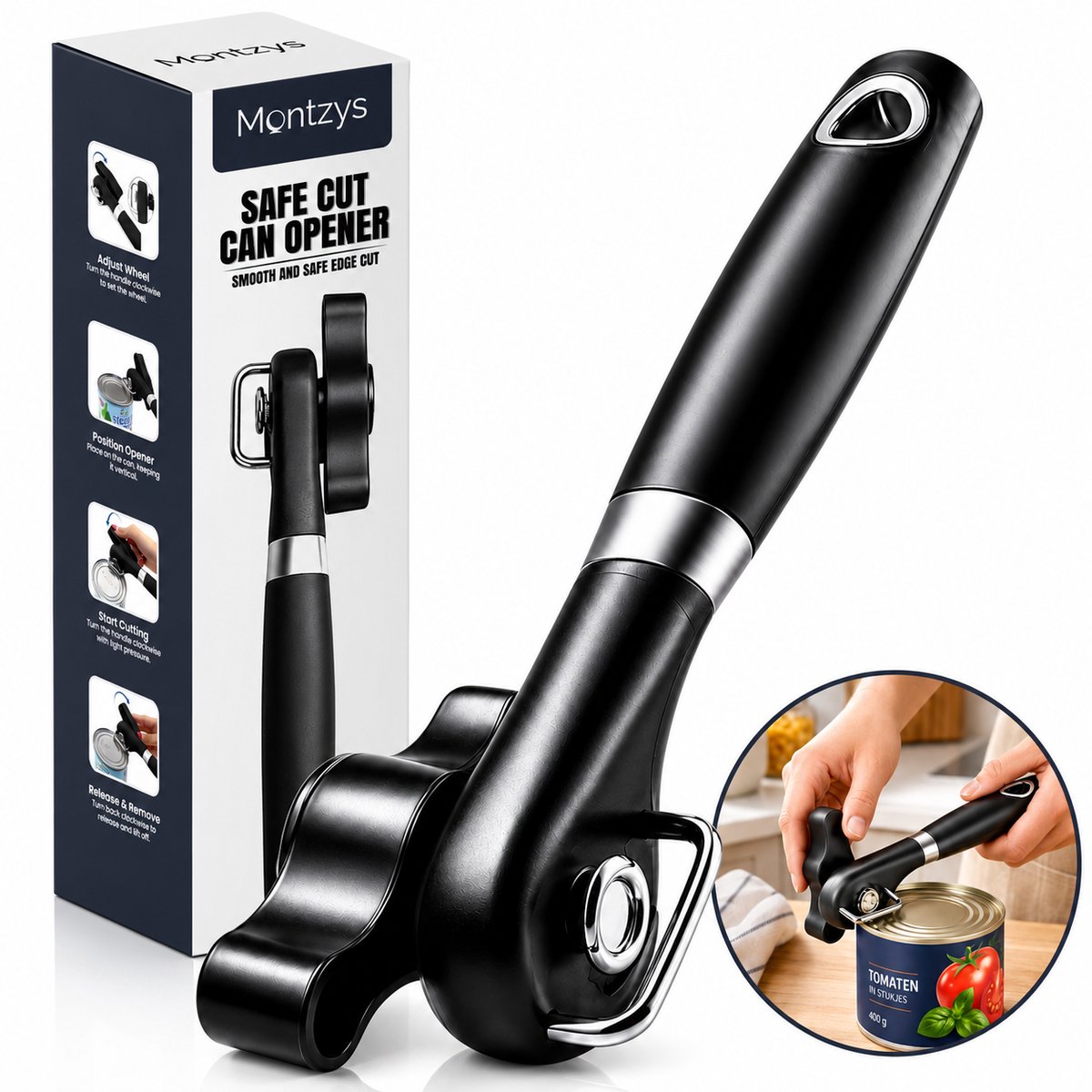 Montzys® RVS Blikopener - Handmatig & Veilig - Keukengerei voor Senioren - Hersluitbaar - Opent Zonder Scherpe Randen