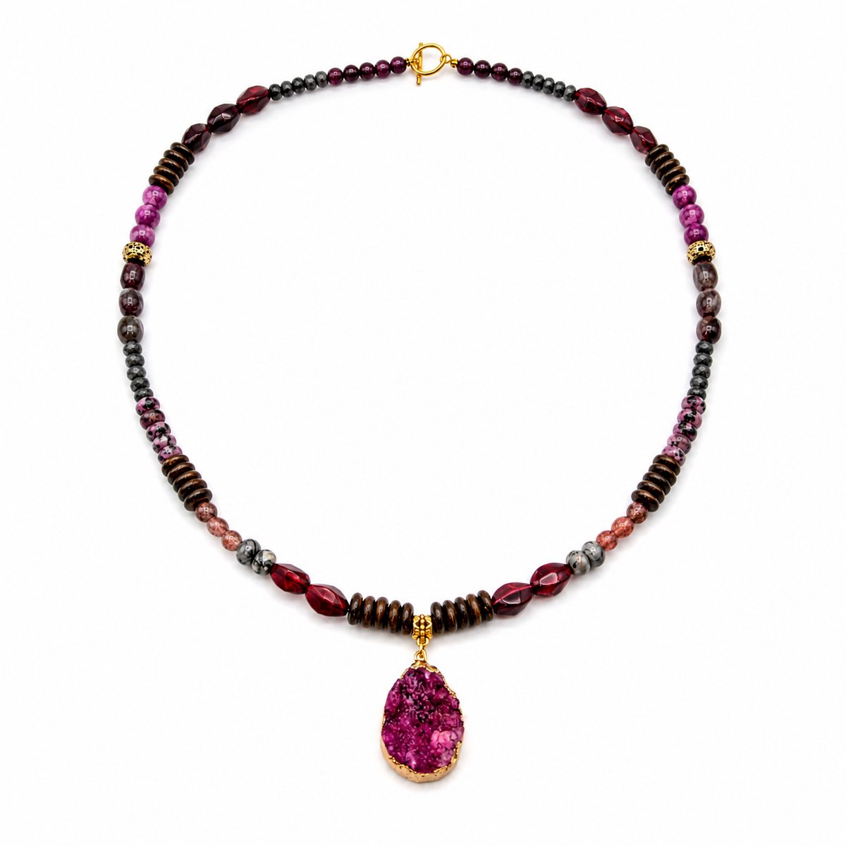 Marama Wild Berry Ketting – Bohemian Damesketting met Druzy Agaat, Watermeloen Toermalijn, Labradoriet, Amethist & Jaspis – Handgemaakte Look – 63 cm