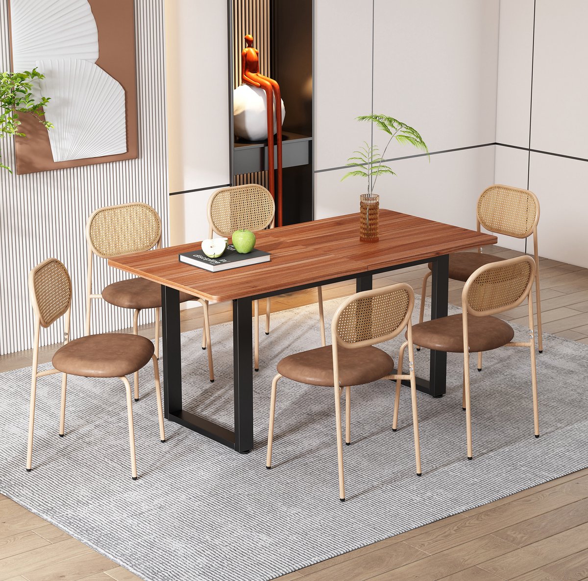 OKWISH Eetkamerstoel – Rattan Rugleuning – Set Van 6 – Kunstleer Zitting En Metalen Onders