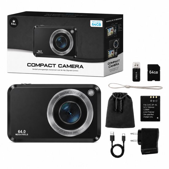 K&L Digitale Camera - Full HD & 64MP - 64GB - Fotocamera - Inc. Selfiecamera - Vlog Camera voor Kinderen en Volwassenen - Compact Camera - Foto & Video - Dual Lens - 16x Zoom