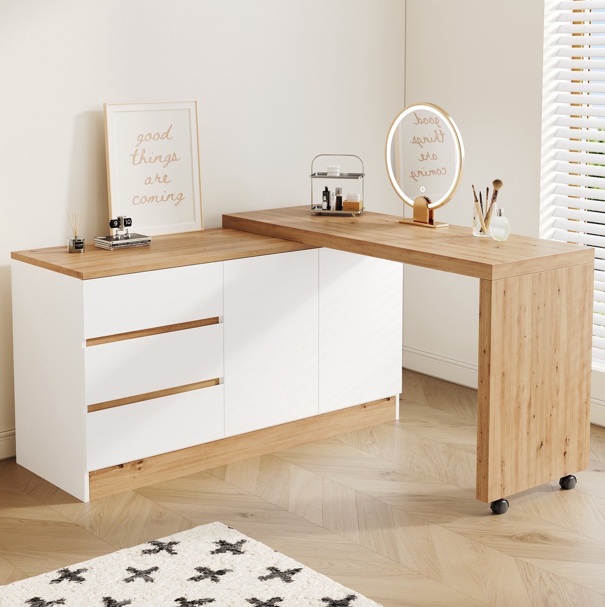 Wishdor - Bureau - Draaibaar en opvouwbaar - 3 lades en 2 deuren - Modern thuiswerken - Houtlook en bewerkt hout - Wit en eiken - 120 x 50 x 78 cm