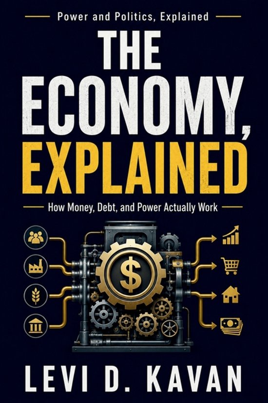 Boekomslag: 'The Economy, Explained' met gouden tandwielen en economische iconen op een donkerblauwe achtergrond.