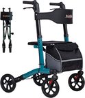 Groene rollator met zwarte tas, zitting en rugsteun. Opvouwbaar model.