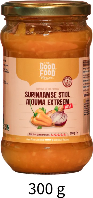 Glazen pot met Surinaamse Adjuma peper sambal, 300 g.