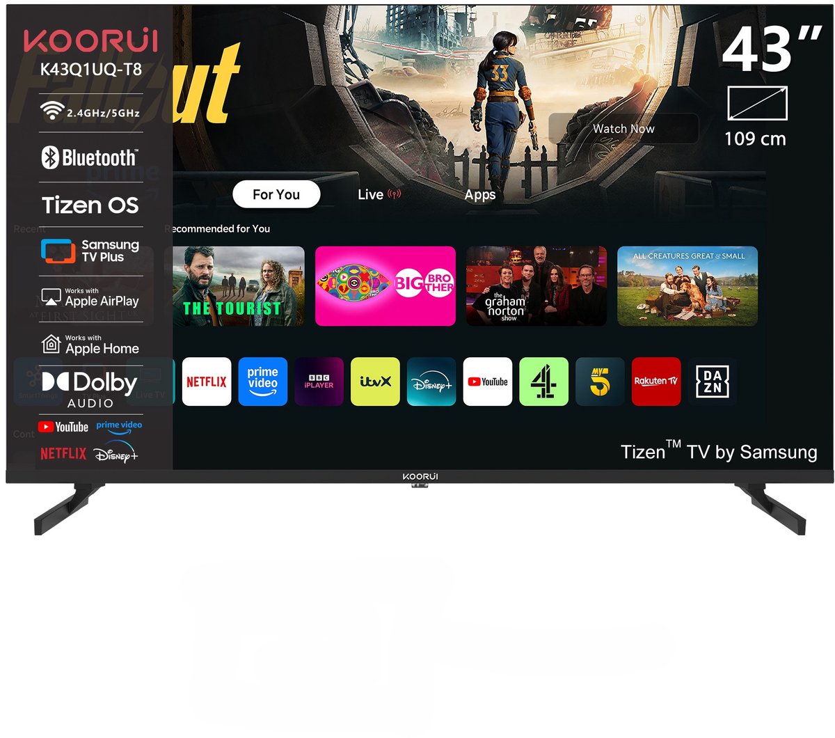 Koorui Tizen by Samsung Smart TV - QLED Ultra HD 4K - 43 inch/109 cm - Voice Controle - Streaming apps – AirPlay – Hotelmodus - HDMI x3, USB x2, CI+ - Tripple Tuner DVB-T/T2/S/S2/C - Frameless Design - Geassembleerd in Nederland - K43Q1UQ-T8