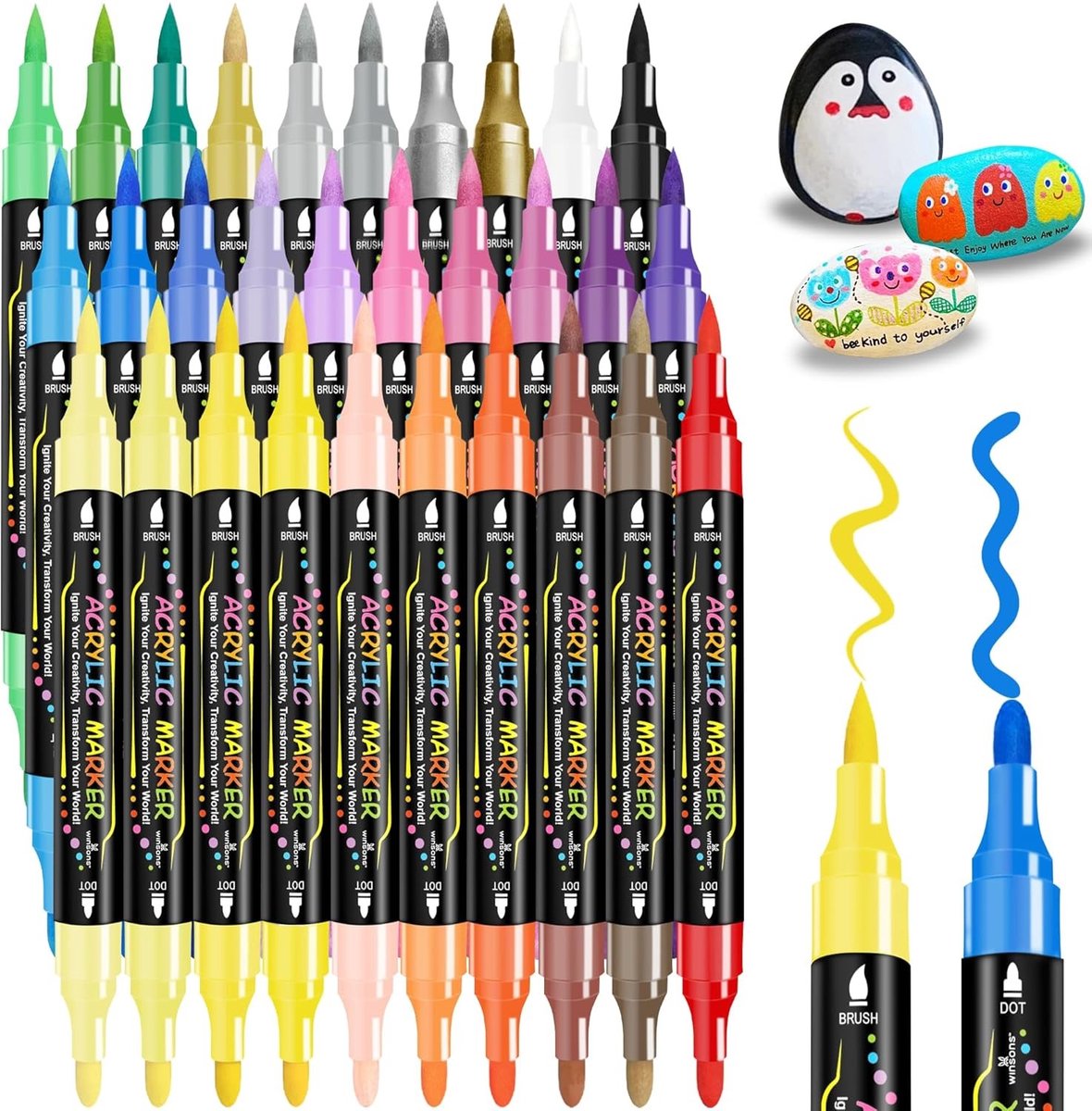 Acryl Markers - Multikleur - Dubbele Tip met Penseelpunt en Ronde Punt - Niet Giftig en Sneldrogend - Voor Kunstenaars en Beginners