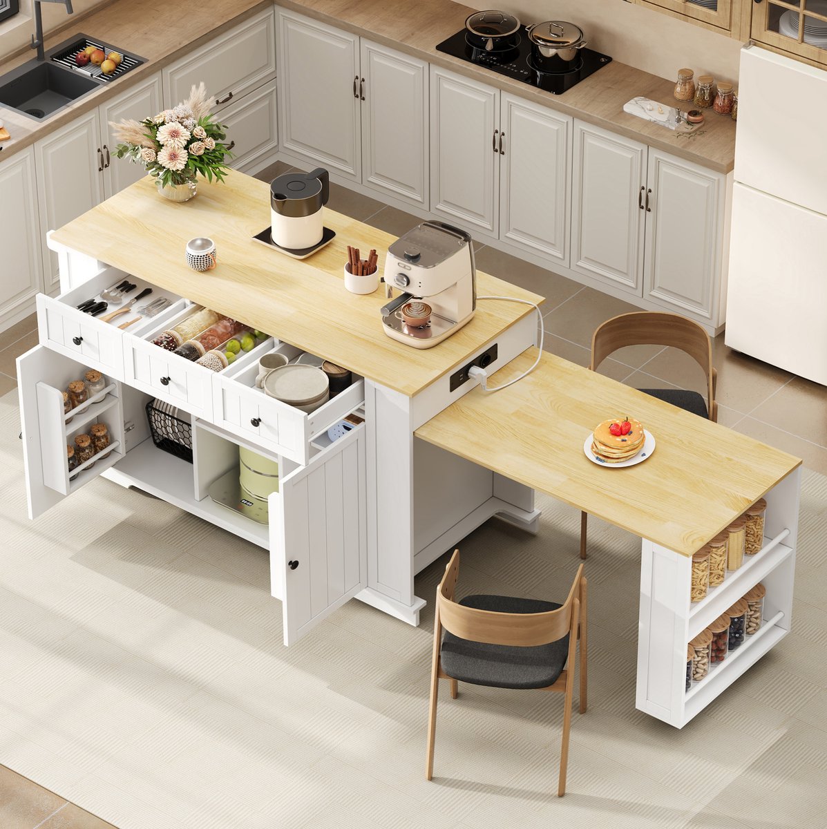 Wishdor - Keukenkast - Uittrekbare eettafel - Laden, deuren en verstelbare planken - Modern - Keuken en eetruimte - Houtlook - Wit en naturel - 138 x 55 x 93 cm