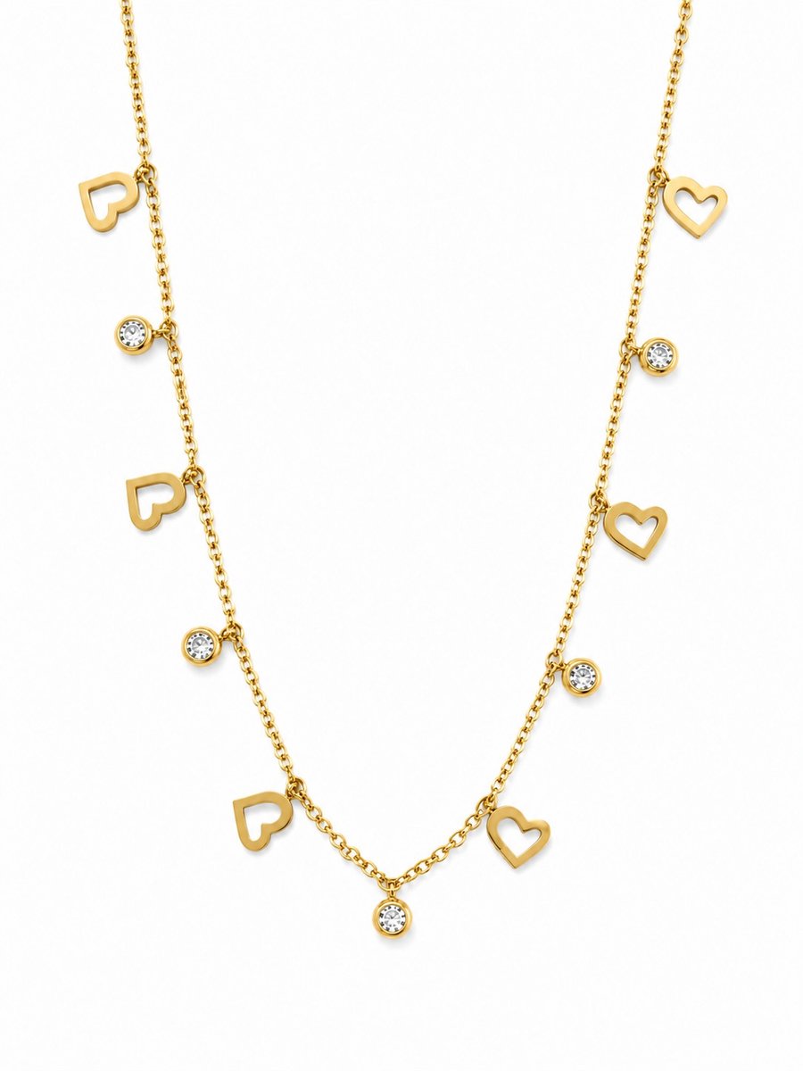Tienerketting LiLaLove- Meisjesketting- Goudkleurige ketting- Ketting met hartjes- Hartje- Diamantjes- Ketting 45 cm- Meisjesketting hart- Kind- Stainless Steel Ketting