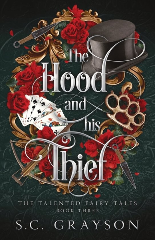 De kaft van het boek 'The Hood and his Thief' toont een zwarte hoge hoed, rode rozen, speelkaarten, een strijdbijl en een koperen knokkel.