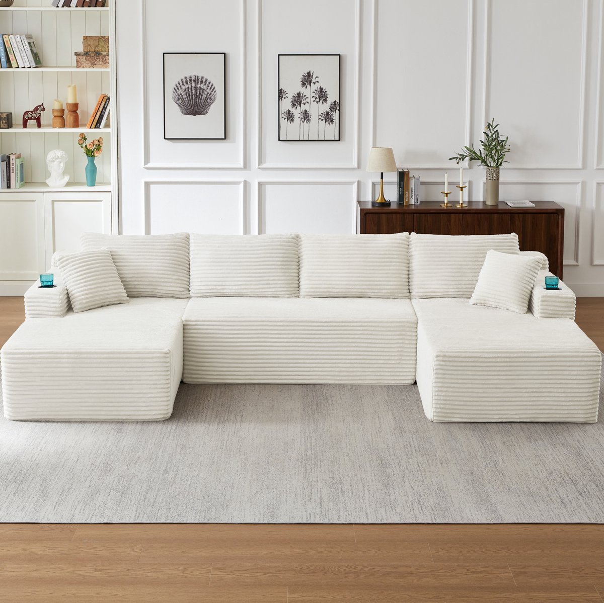Wishdor - Bank - modulaire U-bank met diepe zit en 6 zitplekken - minimalistisch woonkamerdesign - cordstof - beige - zonder montage