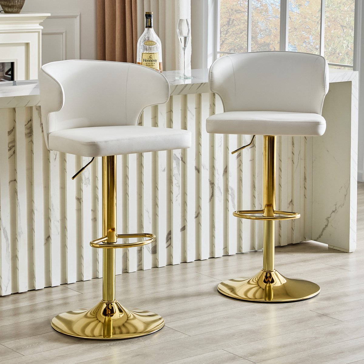 OKWISH Barkruk – In Hoogte Verstelbaar & 360° Draaibaar – Set Van 2 – Kunstleer – Modern – Wit – Voor Bar, Keuken Of Eiland – Met Rugleuning