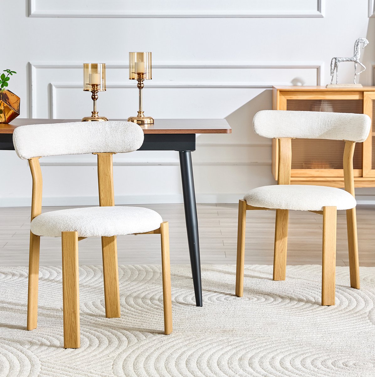 OKWISH Eetkamerstoel - Ergonomische Rugleuning - Set Van 2 - Boucle Stof - Modern - Wit - Voor Eetkamer Of Kaptafel - Gevoerd