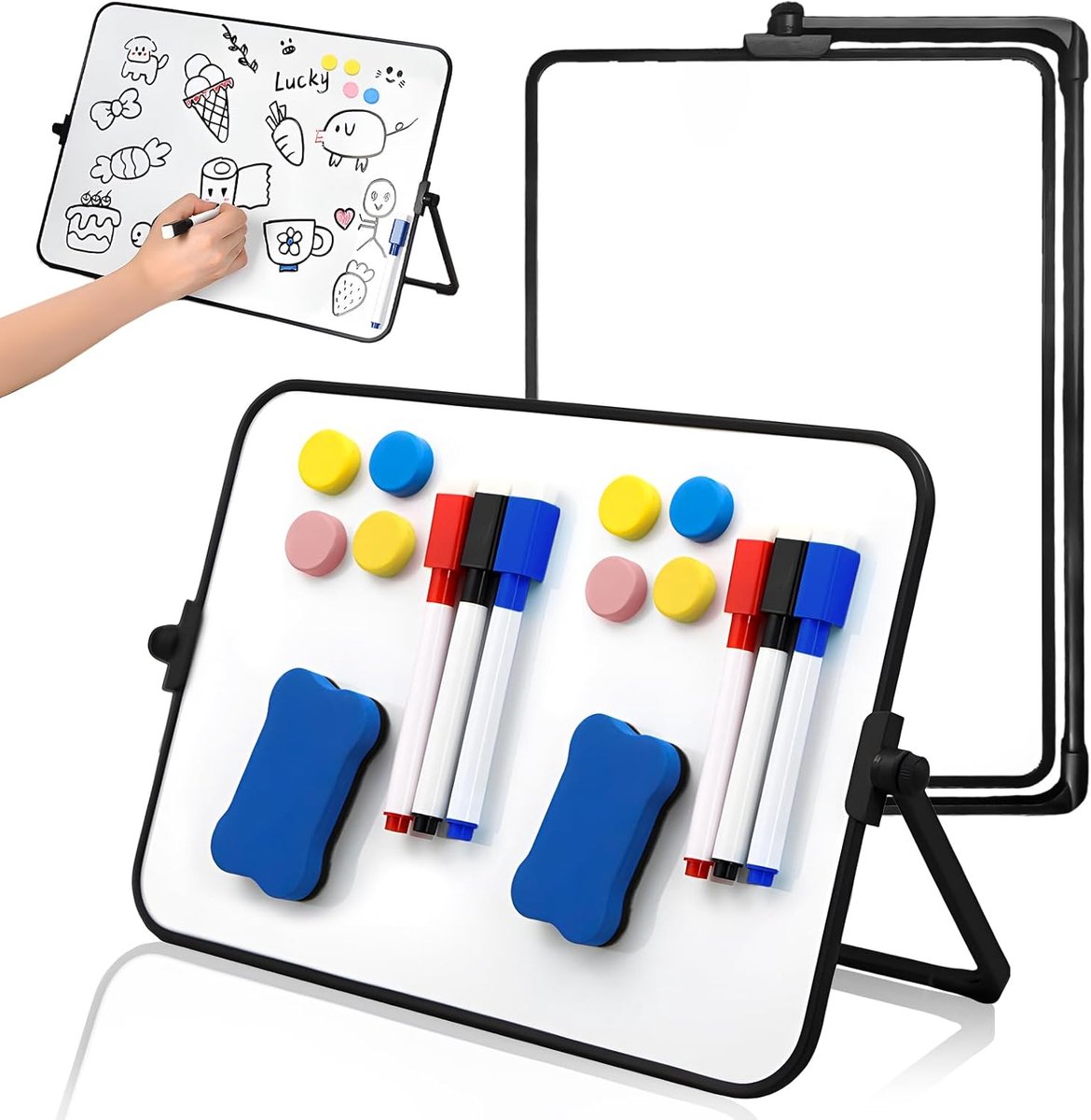 VHV Magnetisch whiteboard 2 stuks - Dubbelzijdig kinderwhiteboard - 30 x 21 cm - Draaibaar tafelbord - Met stiften magneten en wissers - Voor leren en tekenen