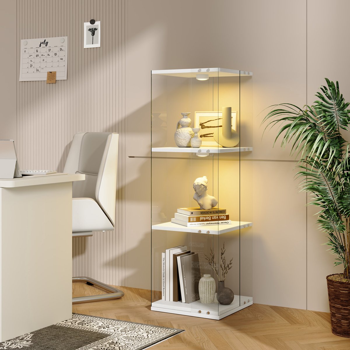 360° draaibare glazen vitrinekast met LED-verlichting, 2/3/4 planken, glazen kast, displaykast, vitrine, open glazen wand. Modern displayrek voor de woonkamer.