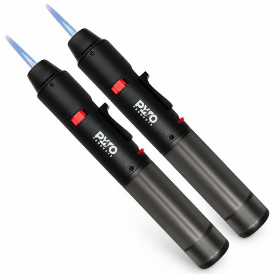 Twee zwarte PyroProducts gasaanstekers met een blauwe vlam.