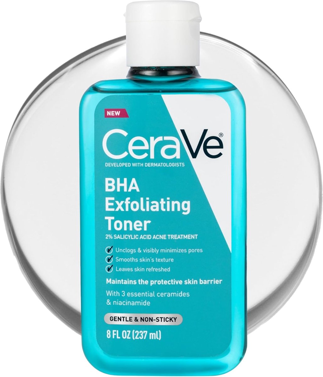 CeraVe BHA Exfoliating Facial Toner for Pore Minimizing & Smoother Skin with Ceramides, 2% Salicylic Acid & Niacinamide, Oil Control, Anti-Acne, Fragrance-Free, Safe for Sensitive Skin,