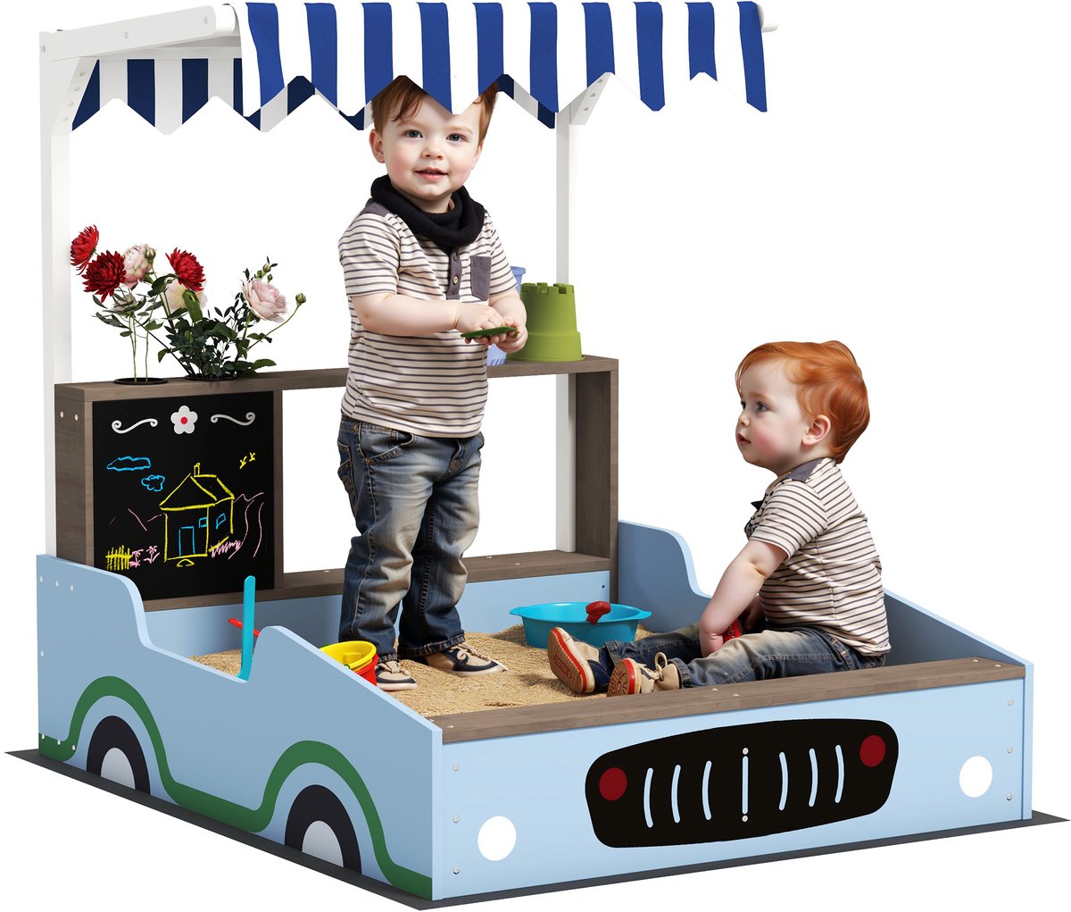ECTEATOY® Houten Zandbak met Dak en Zitbank - Massief Dennenhout - Winkelontwerp met Krijtbord voor kinderen- 108x90x104 cm - Blauw