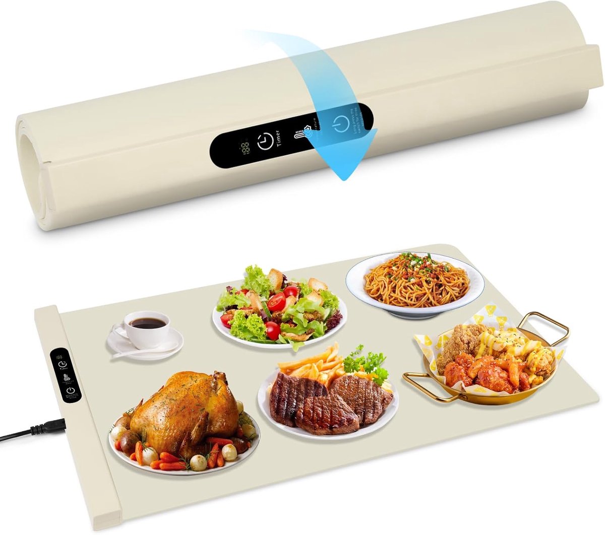 Voedselwarmhoudplaat, siliconen voedselwarmer, 6 temperatuur- en 6 timerinstellingen, opvouwbare voedselwarmer.