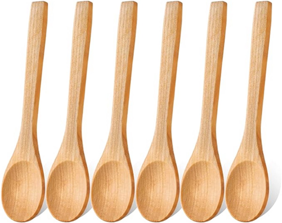Kruidenlepel - 6 stuks - Mini houten lepel -Kleine houten zoutlepel - 13x3cm - Roerlepel - Met korte steel - Geschikt voor kleine potjes jam, honing, kruiden, suiker - Houtkleur
