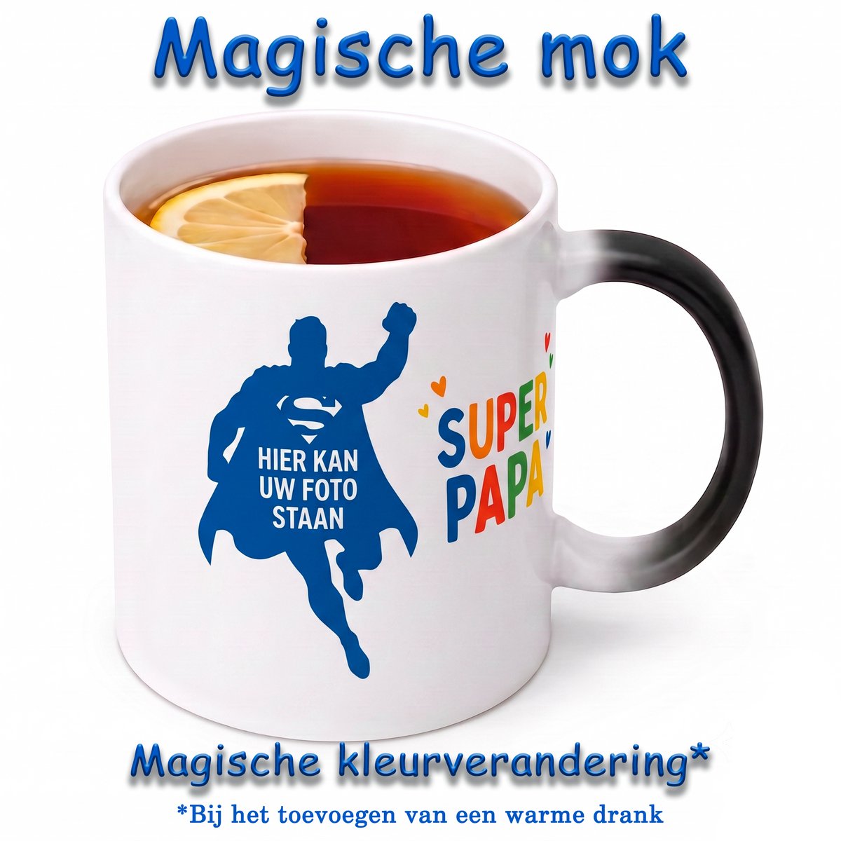 Gepersonaliseerde Magische Mok Super Papa – Kleurveranderende Mok met Eigen Foto – Warmtegevoelige Fotomok – Cadeau voor Papa – Vaderdag Cadeau – Koffiemok Papa – Theemok Vader – Zwarte Mok wordt Wit bij Warme Drank