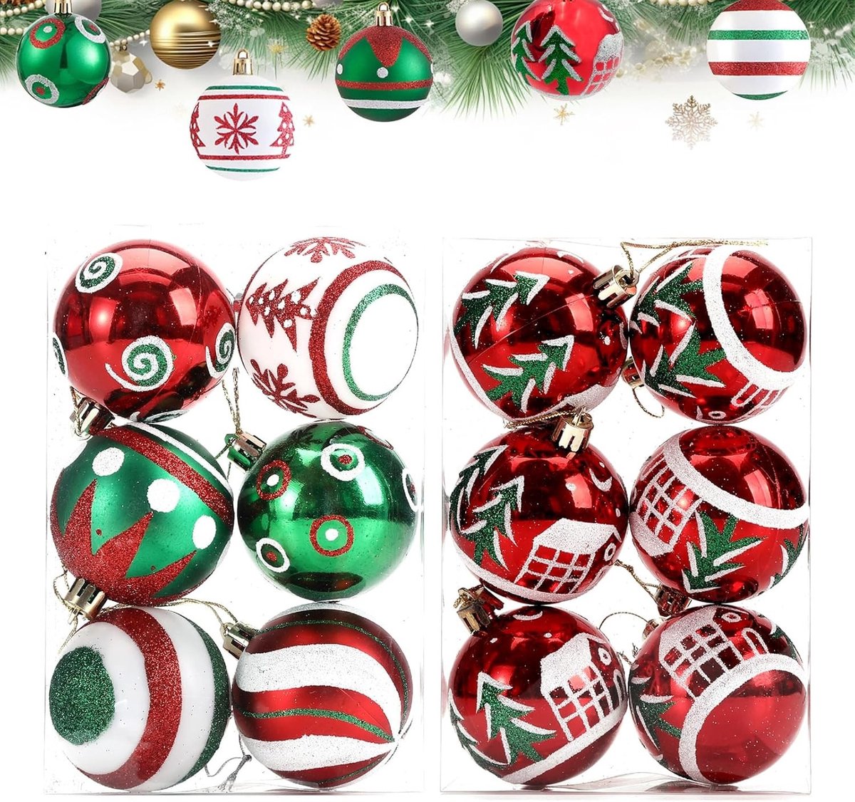 Kerstboomdecoraties Set van 12, Groene en Rode Kerstballen van 6 cm, Versieringen voor Kerstmis, Feestdagen, Bruiloften en Verjaardagen