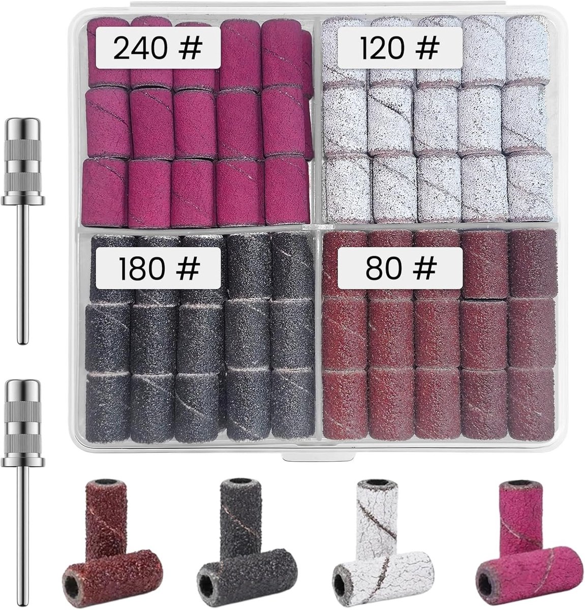 120 Stuks Vijlbanden voor Nagels 80/120/180/240 Grit met 2 Boorhulpstukken voor Manicure en Pedicure