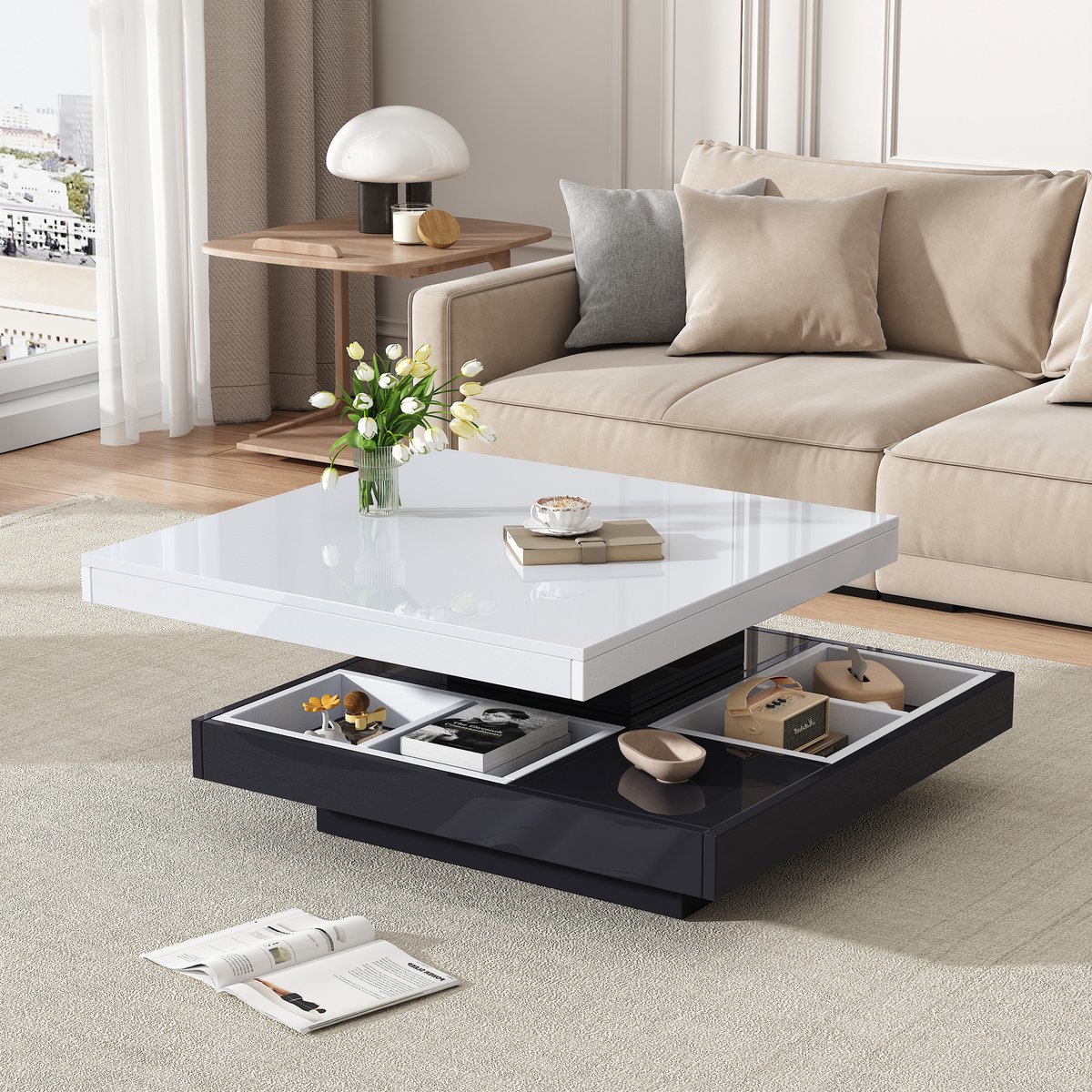 FloraGrace Salontafel - Hoogglans Draaibaar Met Opbergruimte - Voor Woonkamer En Interieur - Spaanplaat - 70x70x36 Cm - Wit Zwart