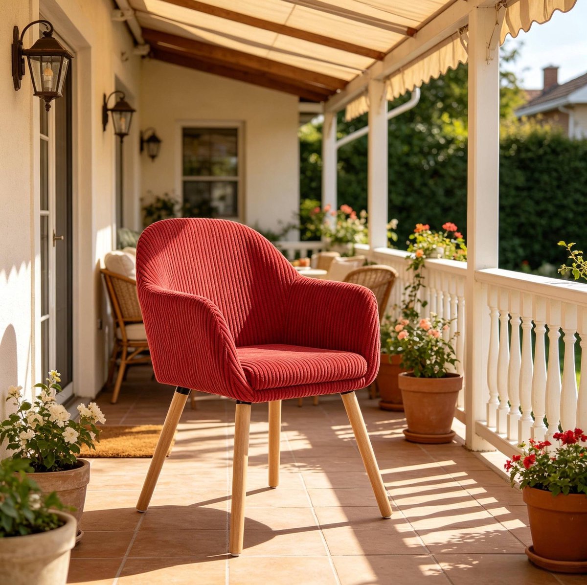 OKWISH Eetkamerstoel 53,5 x 46 x 83,5 cm - Met Armleuningen En Gepolsterde Ribstof Zitting - Voor Eethoek Of Woonkamer - Hout En Metaal - Rood