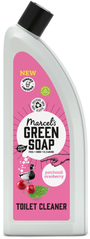 Witte toiletreiniger fles met roze label, patchoeli & cranberry. 100% vegan.