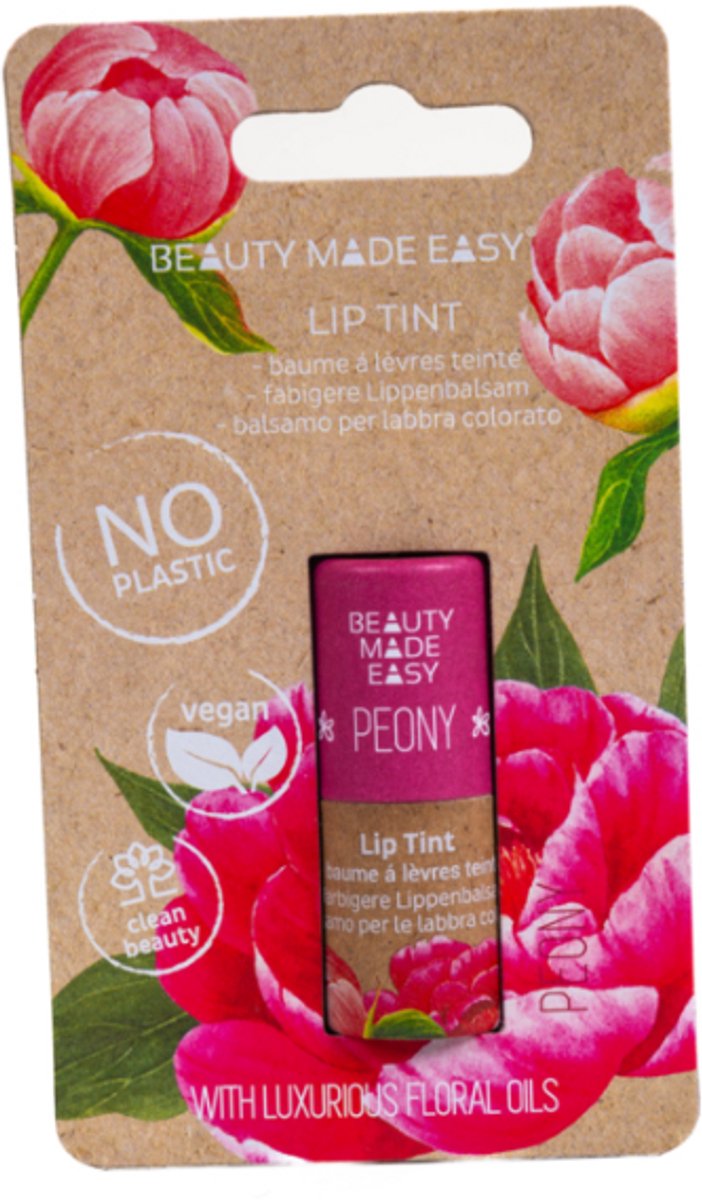 Beauty Made Easy Tinted Lip Balm - PEONY 6 g - zonder parabenen, zonder siliconen, vegan, dierproefvrij, biologisch afbreekbaar, voor droge lippen