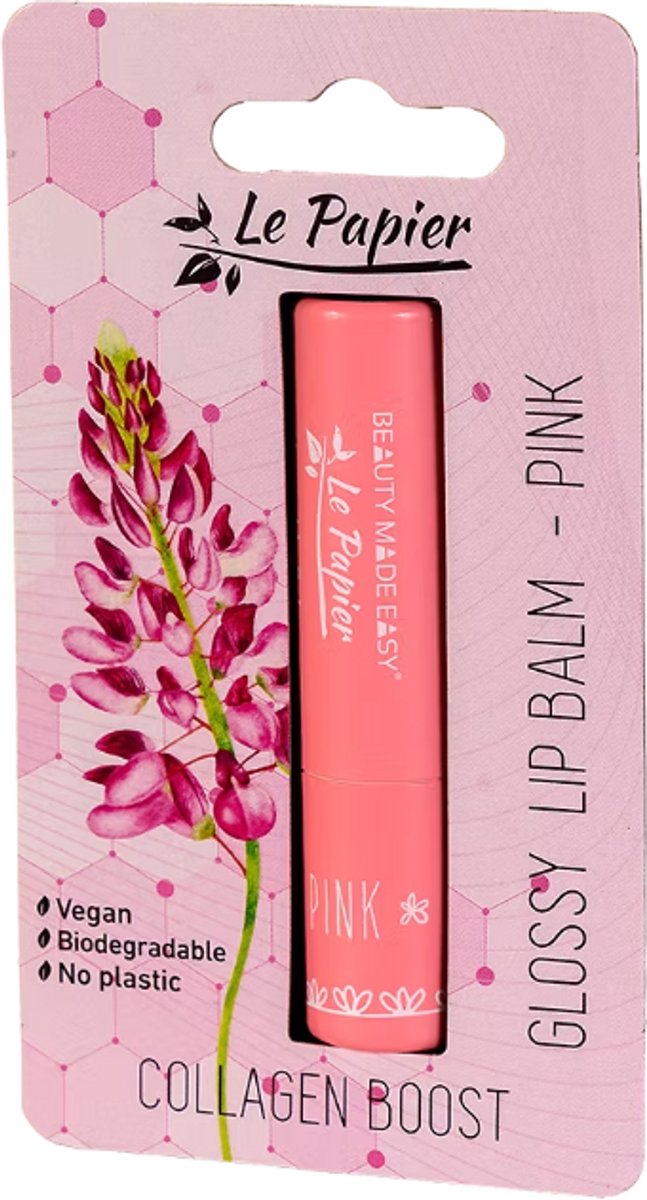 Beauty Made Easy Glossy Lip Balm with Collagen - PINK 3.5 gram - vegan, dierproefvrij, zonder parabenen, zonder siliconen, voor alle huidtypes