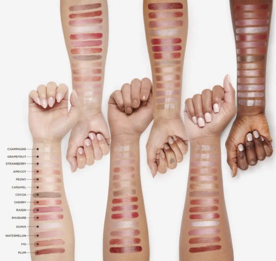 Huidkleuren met lip shimmer swatches van Burt's Bees. Van links naar rechts: Champagne, Grapefruit, Strawberry, Apricot, Peony, Caramel, Raisin, Cocoa, Cherry, Rhubarb, Guava, Watermelon, Fig, Plum.