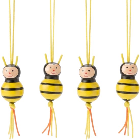 Vier houten bijtjes met zwarte en gele strepen, elk aan een geel koord.