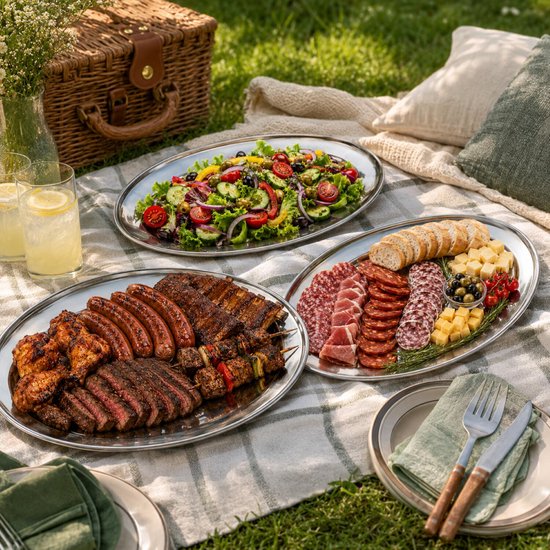 Pique-nique sur couverture avec trois plats argentés ovales : salade, viande/saucisses et charcuterie/fromage.