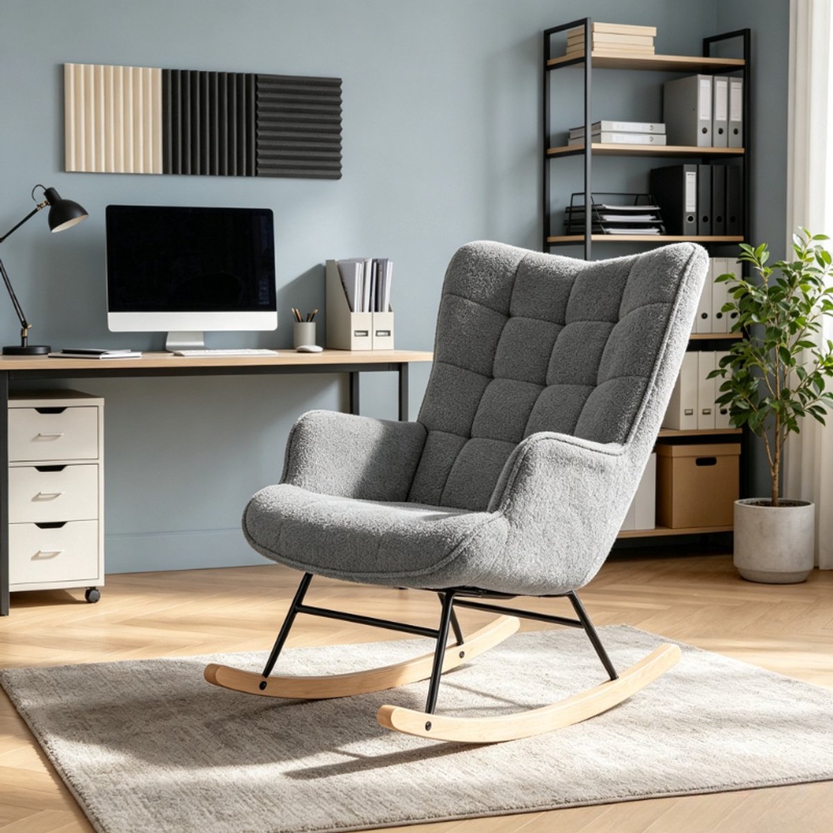 Schommelstoel 60x75x92 cm, relaxstoel met geruite rugleuning, teddy stof, gestoffeerde fauteuil in donkergrijs