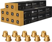 Tien verpakkingen met elk tien Nespresso Original Volluto koffiecapsules in goudkleur. Ook losse capsules zichtbaar.