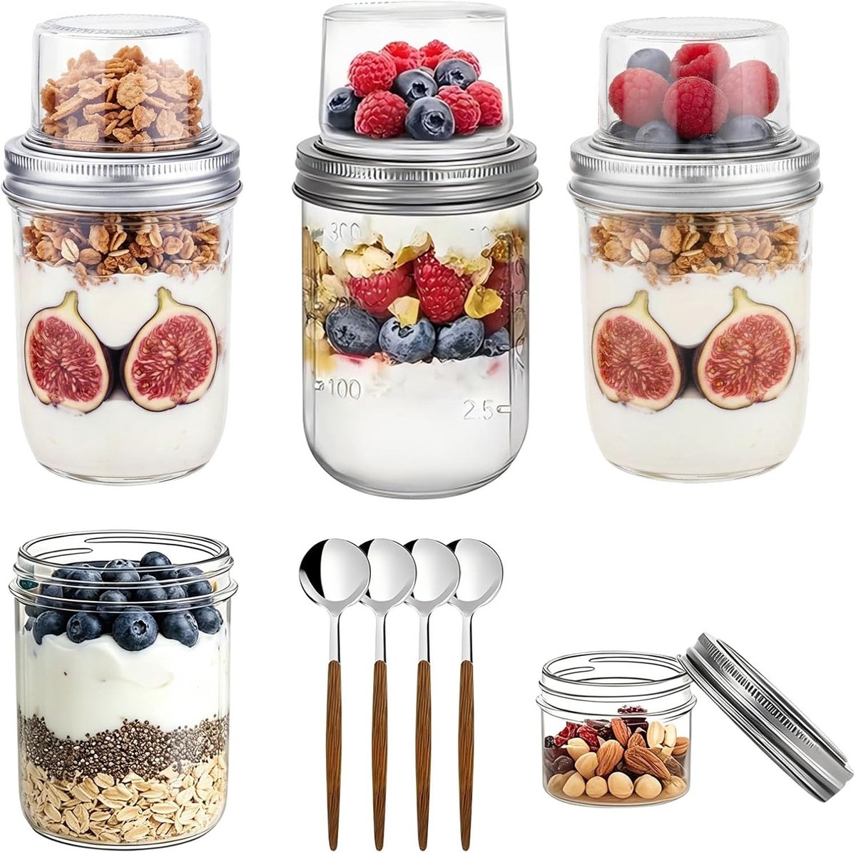 Set van 4 glazen voor Overnight Oats, Müsli bekers met lepel, ideaal voor werk, school en picknicks, 400 ml + 100 ml, met dubbelwandig ontwerp en scheiding van droge en natte ingrediënten