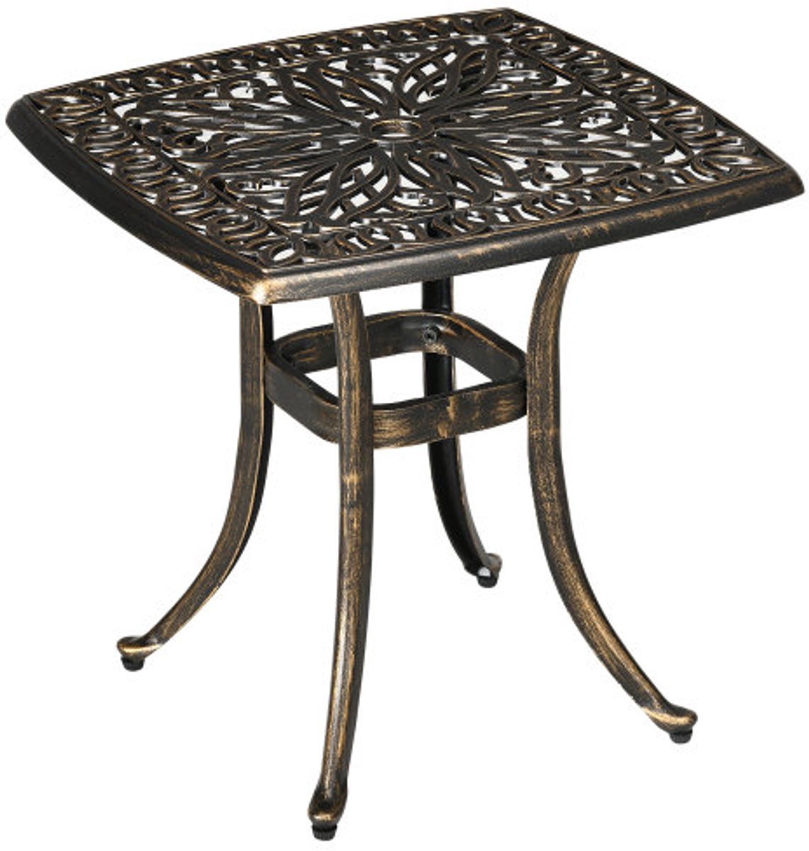 Bijzettafel met Parasolgat 54x54x52,5cm Brons Vintage Aluminium Verstelbare Voetjes 60kg voor Tuin Balkon Terras
