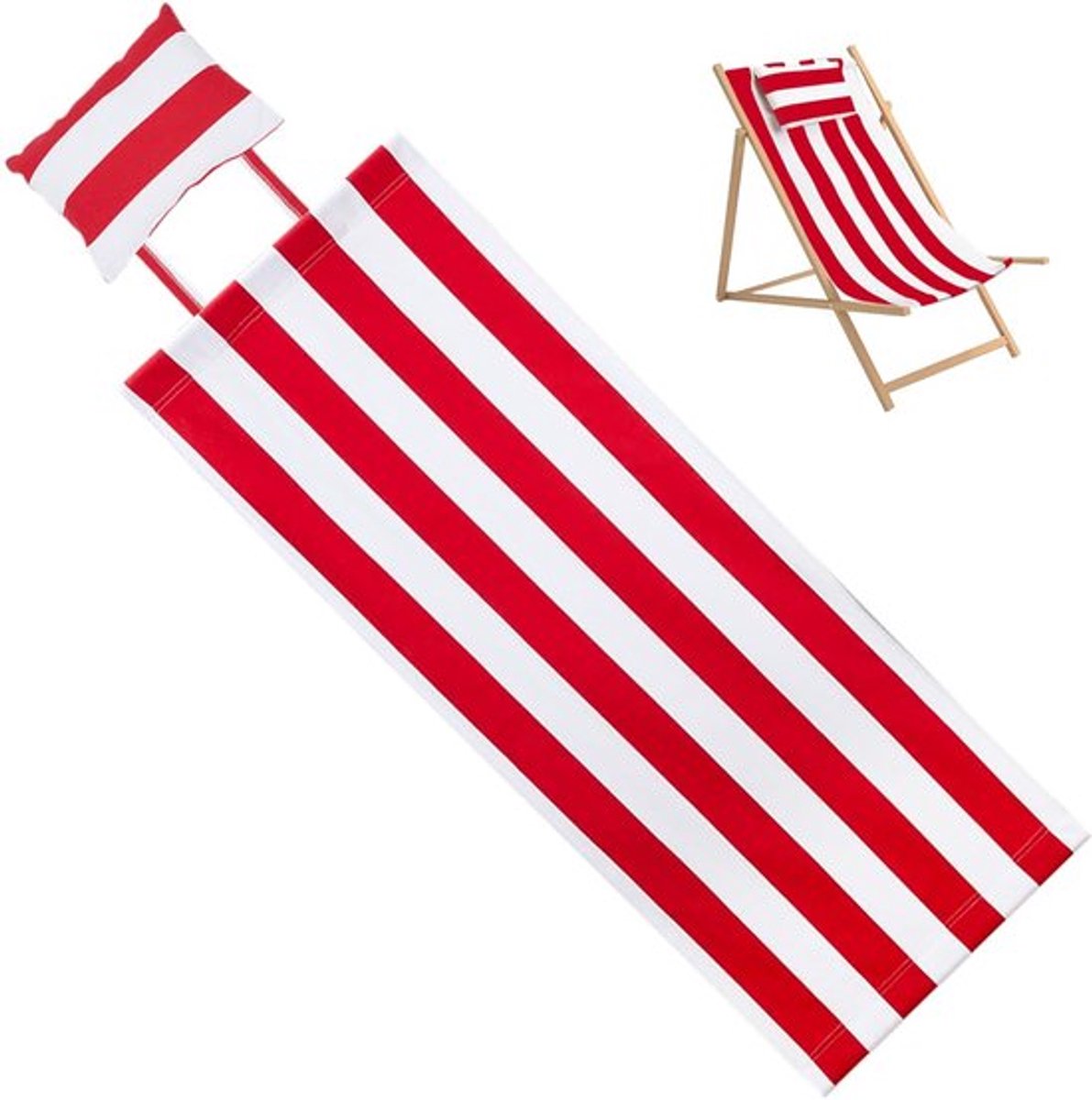 Vervangende strandstoeldoek met kussen, opvouwbaar ligstoeldoek 113x43cm, rood-witte strepen, slingstoelen, canvas voor patio, buiten, zonnebaden, tuin, binnenplaats