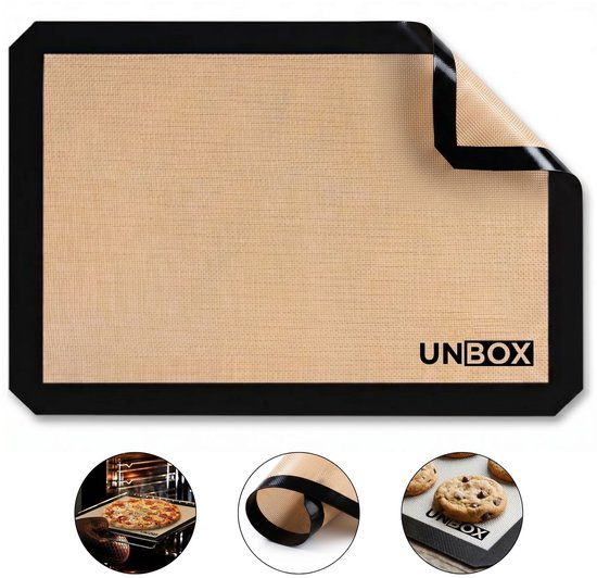 Beige bakmat met zwarte rand, merk UNBOX. Gevouwen hoek onthult textuur. Kleine afbeeldingen tonen een pizza, de rand, en koekjes.