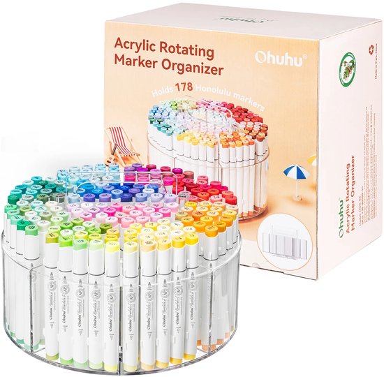 Een transparante acryl marker organizer gevuld met markers, naast de verpakking.