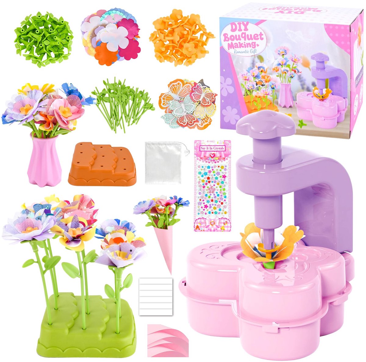 Ryoudavell - Doe-het-zelf Bloemenknutselset voor kinderen - Knutselset met bloemen voor kinderen - knutselspeelgoed met bloemenmachine - DIY - boeket - Kunstboeketten maken - knutselen voor kinderen van 4, 5, 6, 7, 8, 9, 10 jaar - Knutselset