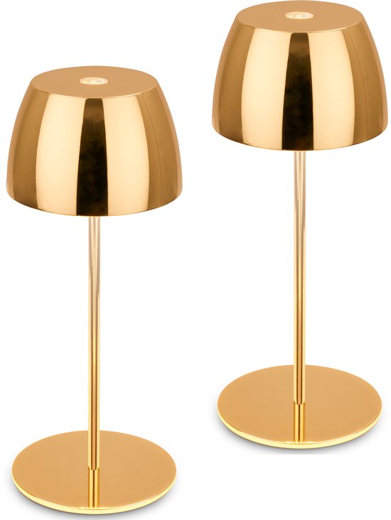 Deux lampes de table dorées avec base et abat-jour ronds, sur fond blanc.