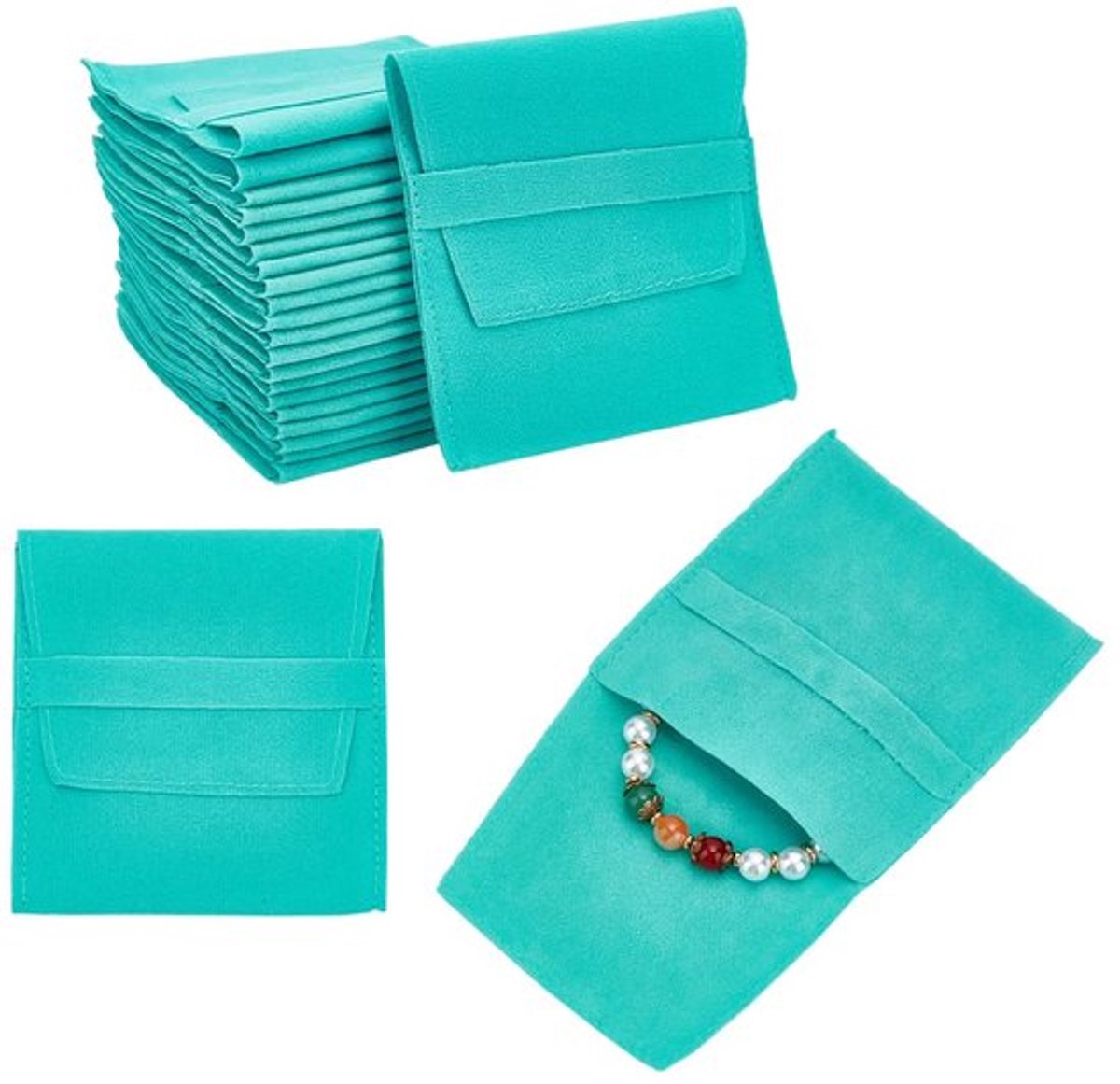 Verpakking van 24 blauwgroene microvezel sieradenzakjes, cosmetische tas, fluwelen sieradenzakje met klep, opvouwbare enveloppen voor armbanden en kettingen, 9,7 x 9 x 0,3 cm