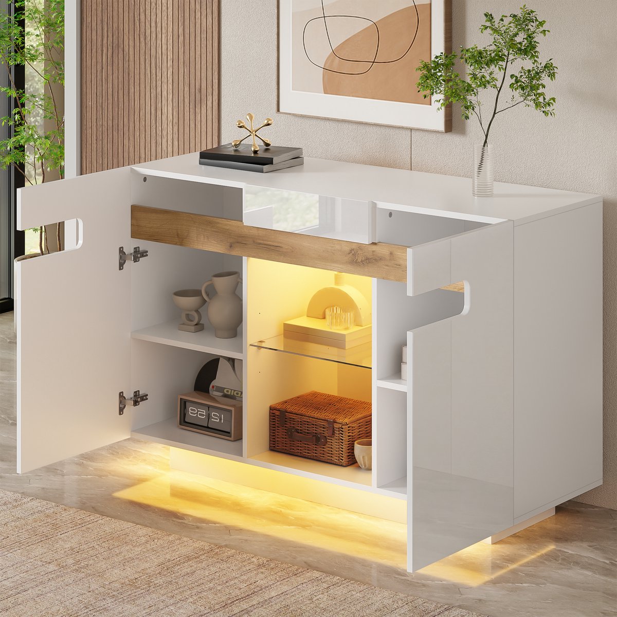 Wishdor - Dressoir - LED opbergkast met open en gesloten vakken - modern Frans-elegant - woonkamer keuken hal - houtlook en glas - wit naturel - 120 x 40 x 80 cm