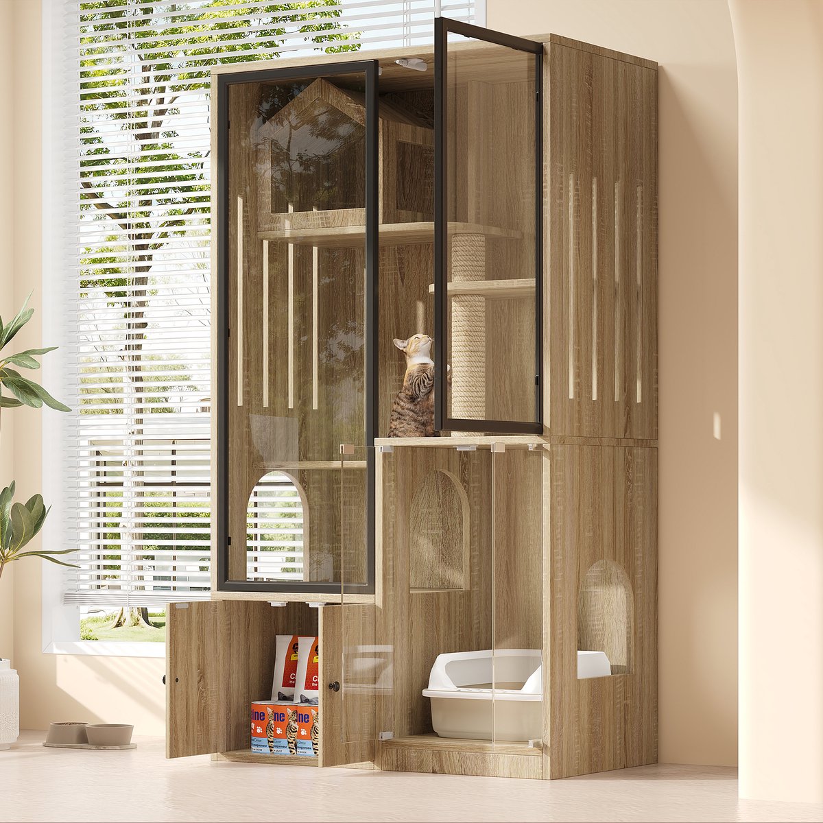 MIVRAY Kattenhuis – 90 x 50 x 160 cm – Met Glazen Panoramadeur En Krabpalen – MDF En Gehard Glas – Naturel – Voor Klimmen En Opbergen