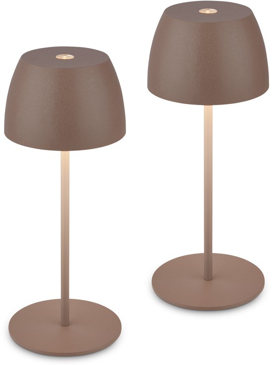 Deux lampes de table marron sans fil avec pied et abat-jour ronds, sur fond blanc.