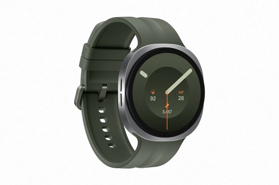 Samsung Galaxy Watch9 met donkergroen bandje en groen wijzerplaat.
