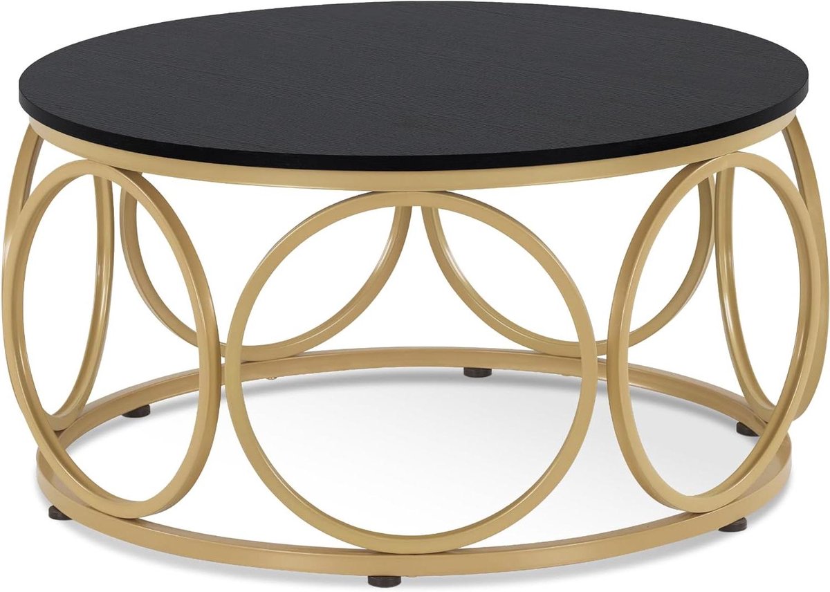Ronde Koffietafel - Salontafel Hout - Woonkamer Inrichten - Goudkleurig Metalen Frame - Ø80 cm - Zwart