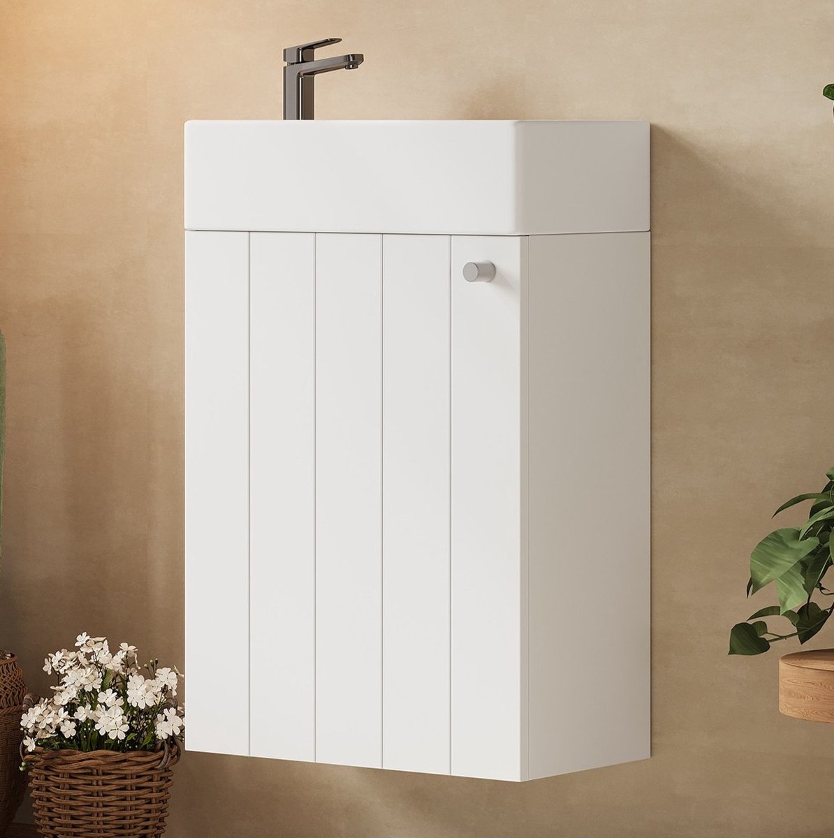 OKWISH Badkamerkast - Wandgemonteerde Wastafelkast Met Softclose Deur - Voor Kleine Badkamers - Keramiek en MDF Wit - 41 x 23 x 62,5 cm